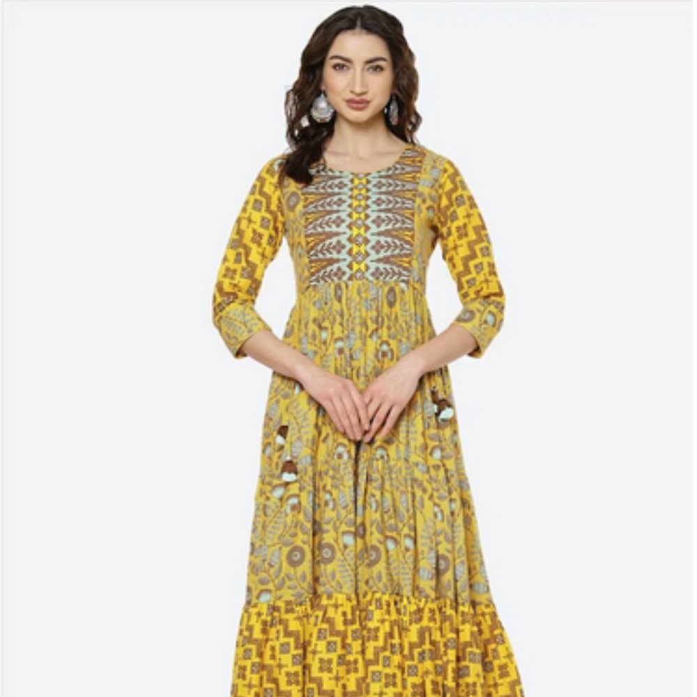 Mustard Yellow Ethnic Motifs Ethnic Maxi Dress